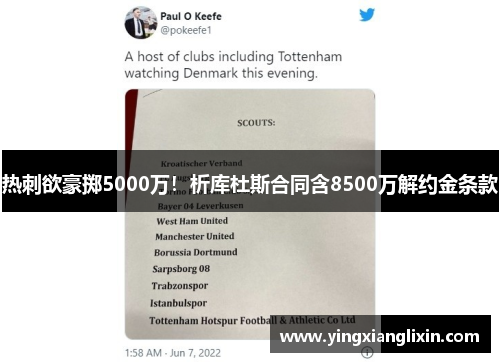 热刺欲豪掷5000万！析库杜斯合同含8500万解约金条款